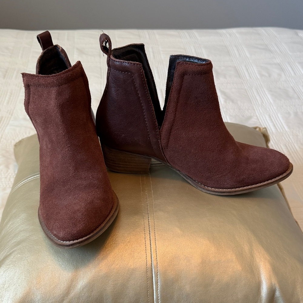 Women's Burgundy Suede and Leather Ankle Booties with Low Stacked Heel